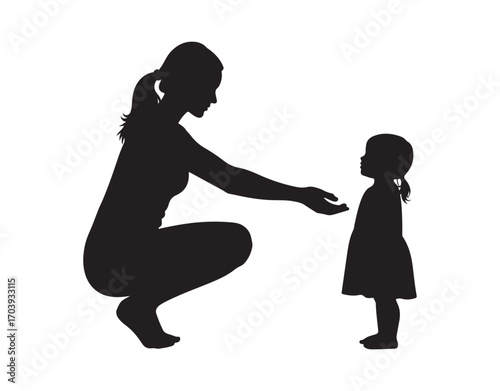 Two outlines of a woman and a child. A little girl is standing in front of her mom, who is squatting down. White background
