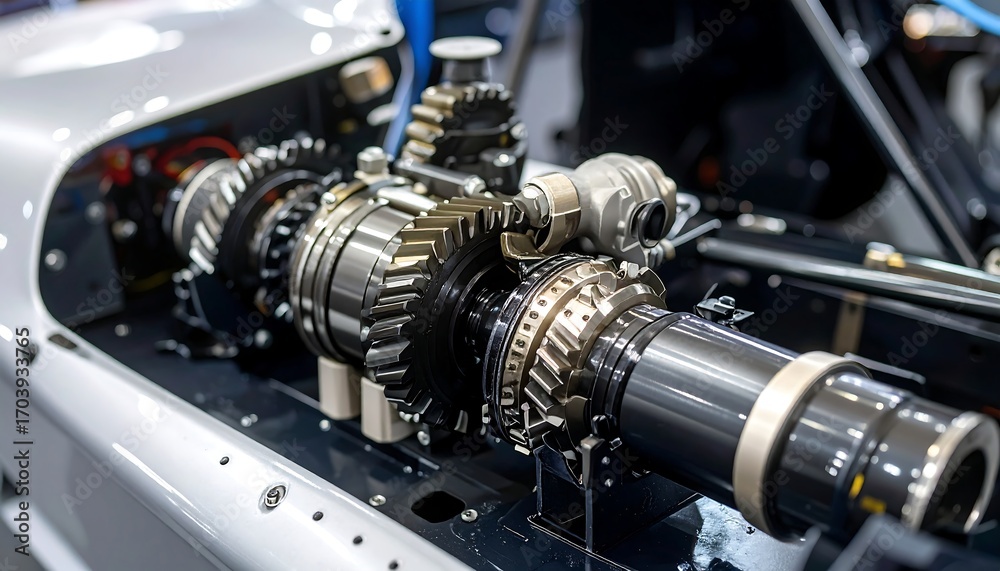 Fototapeta premium Close-up of complex engine gears and transmission components