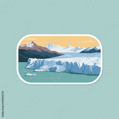 A captivating sticker illustration of the perito moreno glacier in patagonia, argentina, showcasing its stunning blue ice formations and the majestic andes mountains in the backdrop