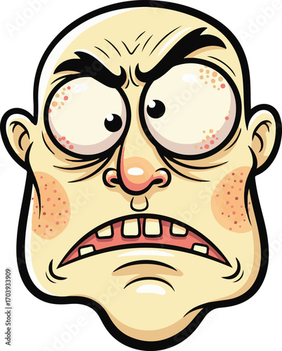 A funny vector illustration depicting the intense and stressed facial expression of an angry, bald cartoon man with bloodshot eyes