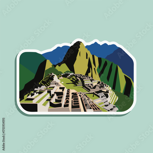 A captivating sticker illustration of machu picchu, the iconic inca citadel nestled high in the andes mountains of peru, showcasing its ancient architecture and breathtaking scenery