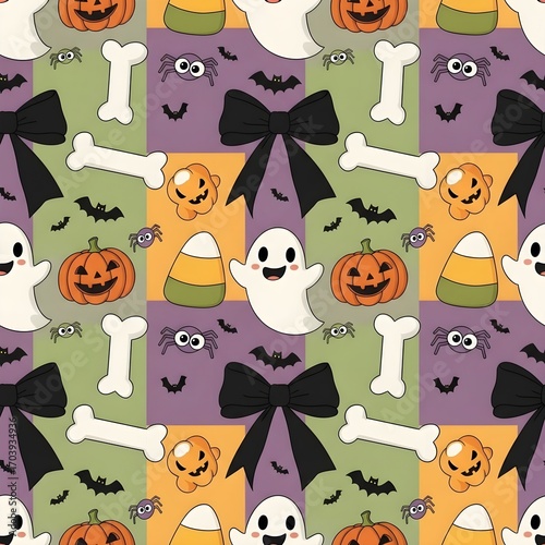 Playful cartoon Halloween pattern with bows, ghosts, and candy corn