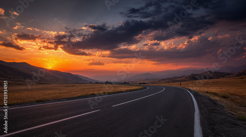 road, highway, sky, landscape, travel, nature, asphalt, mountain, desert, clouds, horizon, sunset, car, way, empty, route, journey, cloud, rural, drive, grass, scenic, street, driving, long