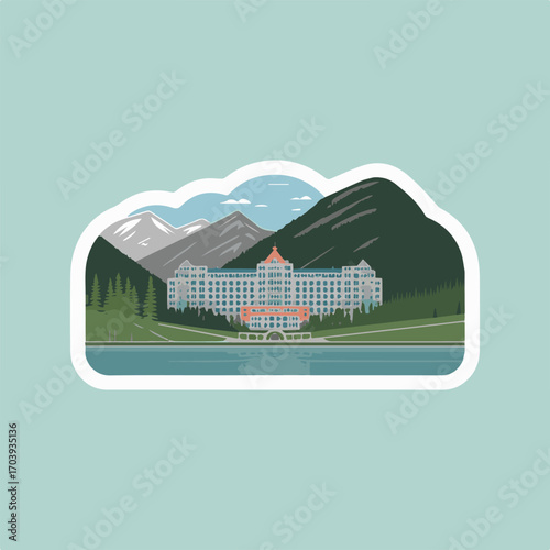 A scenic sticker illustration of the fairmont chateau lake louise in alberta, canada, nestled amidst the rocky mountains and overlooking the turquoise waters of the lake