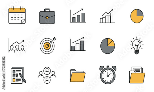 Collection of business and management icons, including a calendar, briefcase, graphs, target, lightbulb, and clock, all rendered in a clean, modern style.