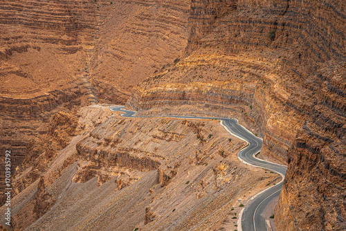 Overhead view of the Dades Gorge Road Morocco, a spectacular and challenging route with endless twists and turns