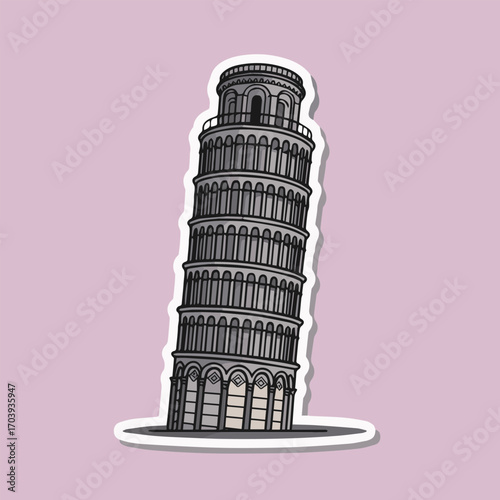 Leaning tower of pisa sticker, a freestanding bell tower of the cathedral of the italian city of pisa, known worldwide for its unintended tilt, vector illustration
