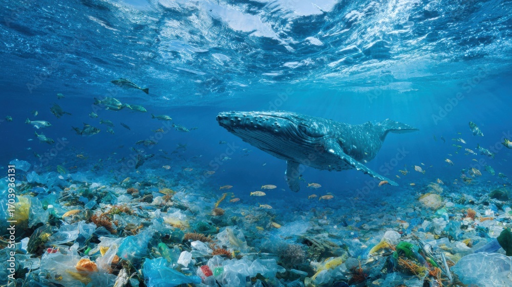 Fototapeta premium A humpback whale glides through a richly populated ocean environment, navigating among colorful fish and a disturbing amount of plastic waste.