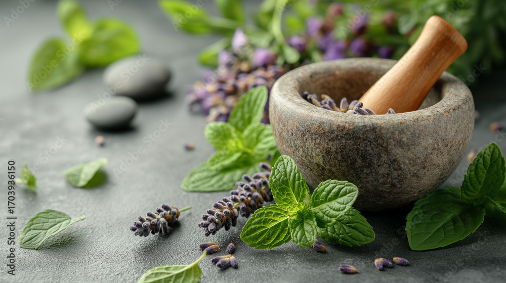 Obraz premium Herbal wellness concept with lavender, mint, and stone mortar on gray background