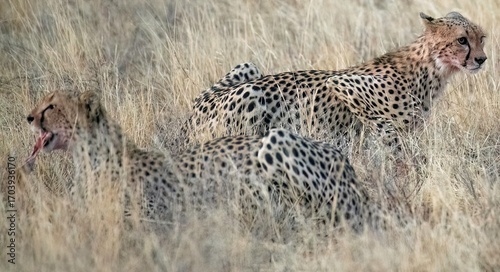 Photography Cheetah resting in the savannah after having a meal at Samburu national park in