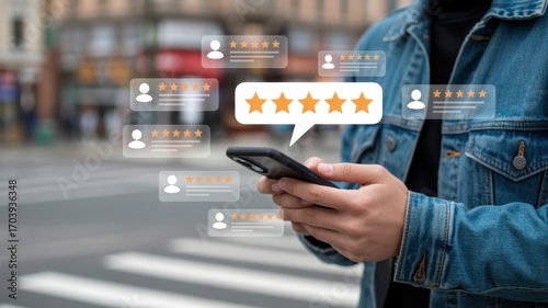Customer review: An individual in the bustling cityscape is engrossed in a digital customer review with a smartphone, with star ratings floating above in a visual representation of digital feedback. 