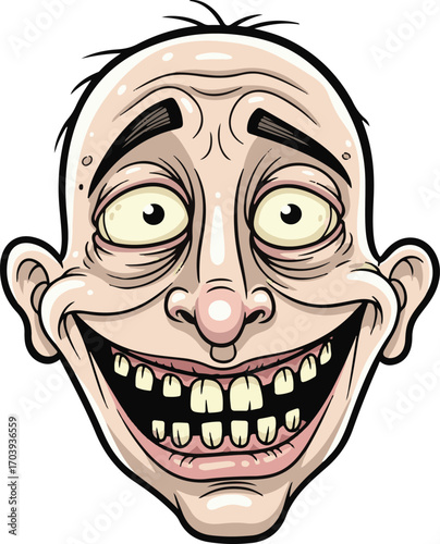 A cartoon vector illustration of a creepy and funny-looking man's face with a huge, ugly grin showing bad teeth