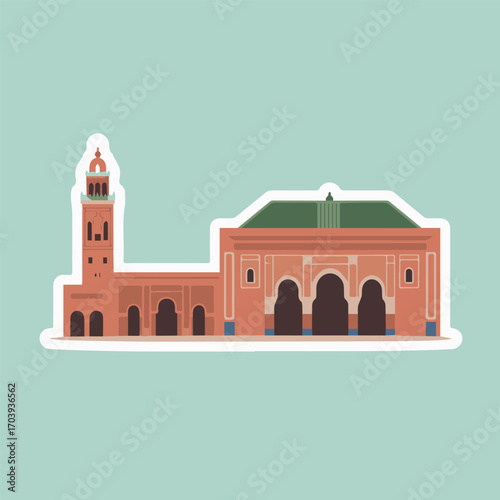 A charming stickerstyle illustration showcases the historic koutoubia mosque, capturing its intricate details and cultural significance against a serene, minimalist backdrop