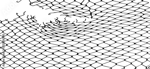 A stark white background features a detailed black net illustration, showcasing a striking contrast and emphasizing the intricate, distorted patterns of the netting with holes