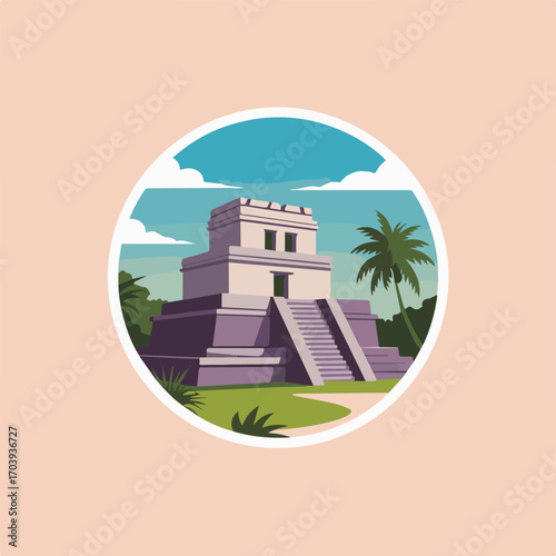 A captivating sticker illustration of the ancient mayan pyramid of chichen itza, showcasing its historical significance against a serene background, perfect for travel and culture