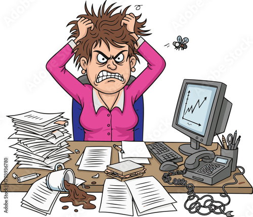 Stressed and angry cartoon businesswoman pulling her hair out in frustration at her messy, disorganized office desk with paperwork
