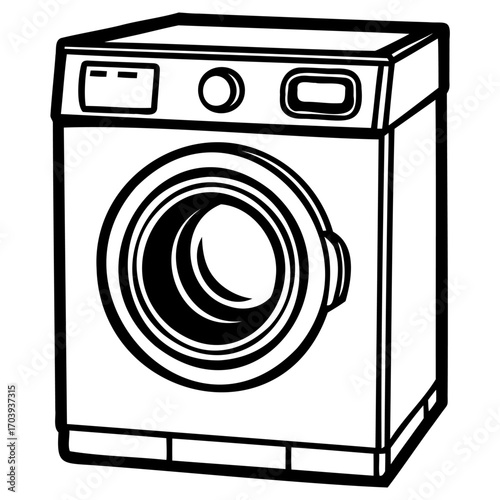 Front view of a washing machine, a common household appliance used for cleaning clothes, with a round door and control panel