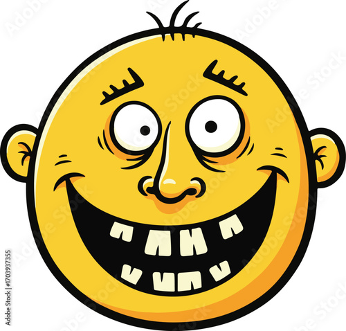Vector illustration of a goofy and silly yellow cartoon face with a wide, toothy grin and crazy eyes expressing idiotic happiness