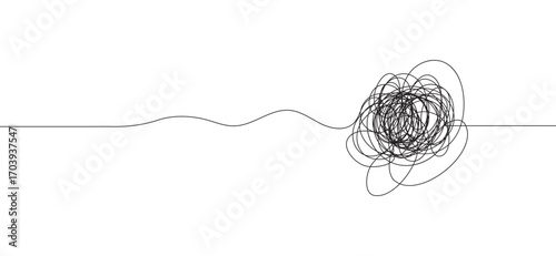 An artistic monochrome image depicts a tangled scribble unraveling into a single, elegant, curved line, conveying complexity and simplification on a clean white backdrop