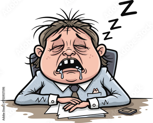 Humorous vector illustration of an exhausted businessman falling asleep at work, snoring on a pile of documents representing burnout