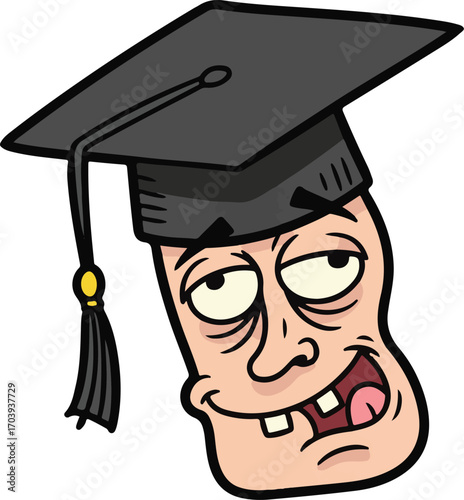Funny cartoon illustration of a goofy and unintelligent graduate character with a silly face wearing a graduation cap