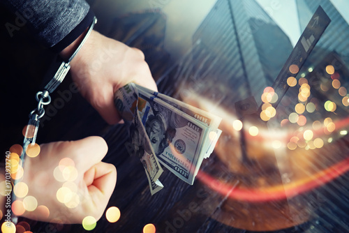  Double exposure city and hands of a man with handcuffs on a background of us dollars. Fraud, cyber crime concept. Arrest of an entrepreneur in the workplace.