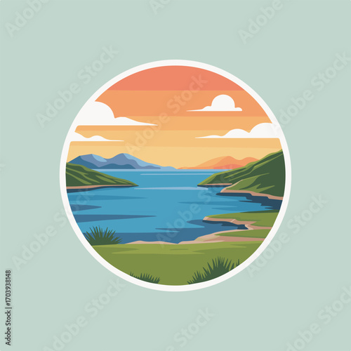Scenic lake landscape sticker featuring mountains, water, and a vibrant sunset, capturing the beauty of nature in a circular design, ideal for outdoor and travel themes
