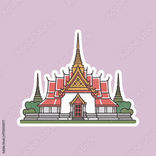 Traditional thai temple sticker on a purple background, showcasing the architectural beauty and cultural heritage of thailand, perfect for travel and cultural themes