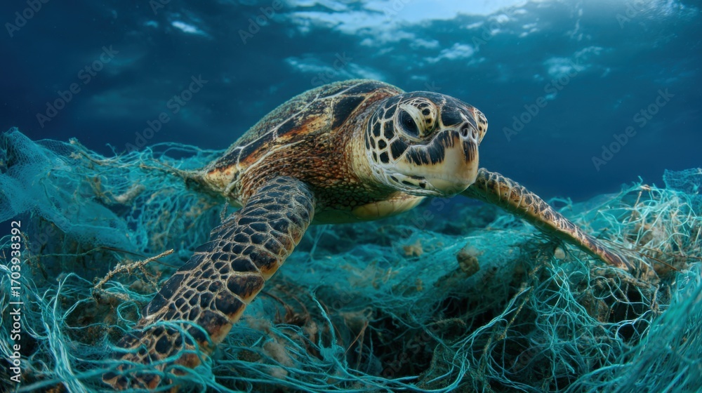 Obraz premium A sea turtle glides through clear blue water, struggling with fishing nets and plastic debris. Sunlight shines through the surface, illuminating the marine life beneath.