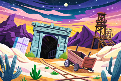 Ghost town mine entrance, broken cart, collapsed wooden beam, desert silence under starry sky