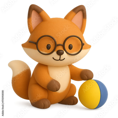 Cute 3D Fox with Glasses Playing Ball – Clay Style Illustration