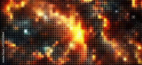 Halftone pattern showcases glowing abstract shapes in fiery oranges, yellows, and blacks, creating a dynamic and textured background with a digital and energetic feel overall
