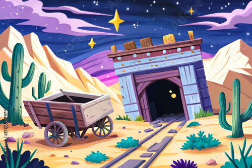 Ghost town mine entrance, broken cart, collapsed wooden beam, desert silence under starry sky