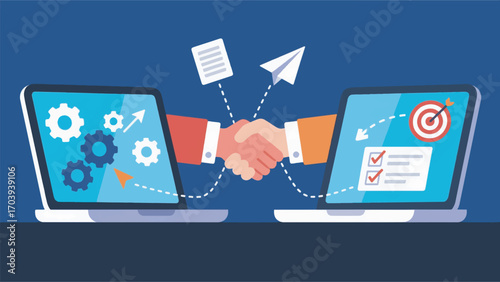 Illustration of two separate laptops showing a strong handshake symbolizing partnership vector design template