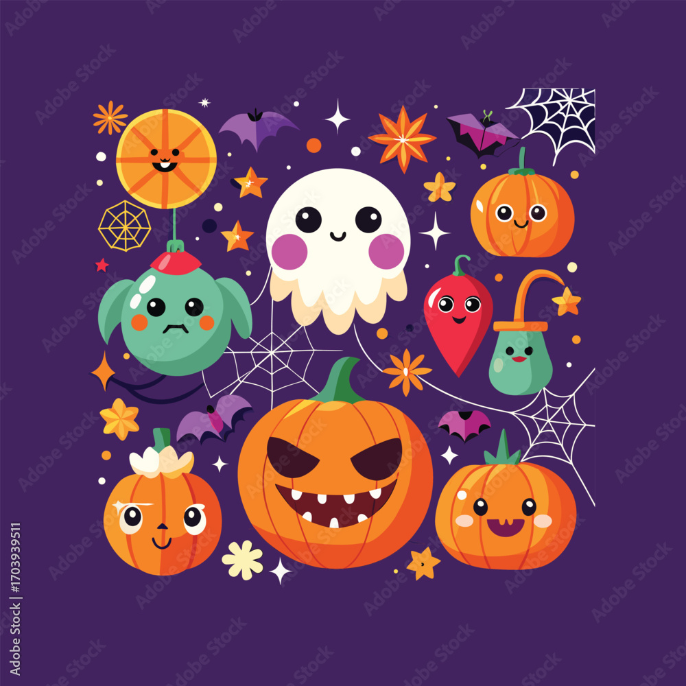 Naklejka premium Cute Halloween decorations with pumpkins bats and spiderwebs