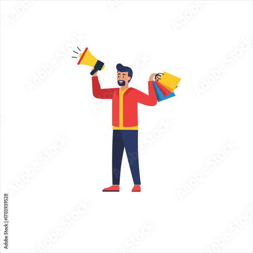 man-with-megaphone-and-shopping-bags-flat-vector