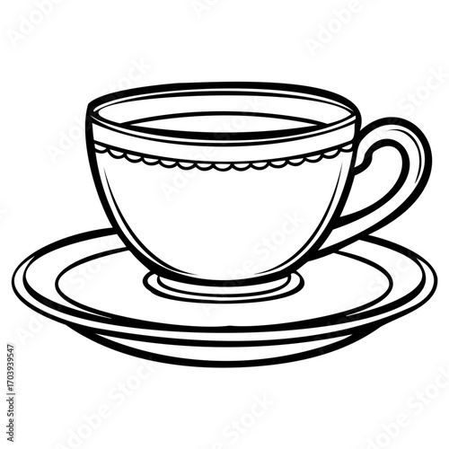 A simple line art illustration of a teacup and saucer, , perfect for coloring books, educational materials, or minimalist designs
