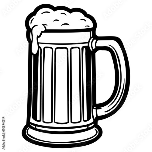 A frothy beer mug, featuring a classic design with thick glass and a generous head of foam, perfect for showcasing refreshment