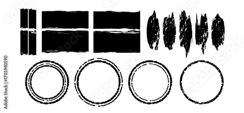 Grunge elements feature distressed textures and varied shapes, including rectangular blocks, textured circular frames, and expressive brush strokes, all in stark black against a white background