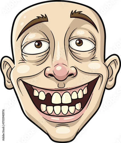 Vector art illustration of a silly bald man's face with a wide, toothy grin and a dazed, foolish expression