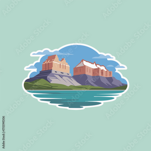 A scenic view of majestic castles perched atop rocky hills, reflected in the calm waters of a lake, framed by a cloudshaped border on a light teal backdrop