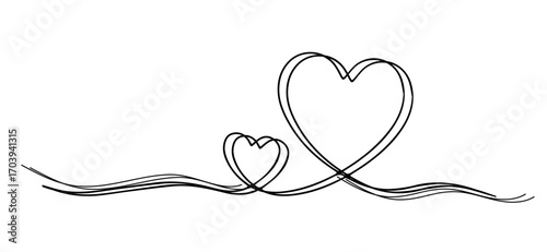 Minimalist illustration features two black heart outlines connected by flowing lines on a white backdrop, creating a modern, elegant design perfect for expressing love and connection