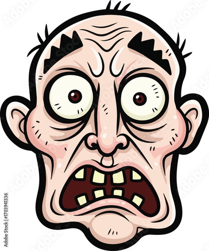 Vector illustration of a comically horrified bald man's face. An exaggerated cartoon expression of shock, fear, and utter panic