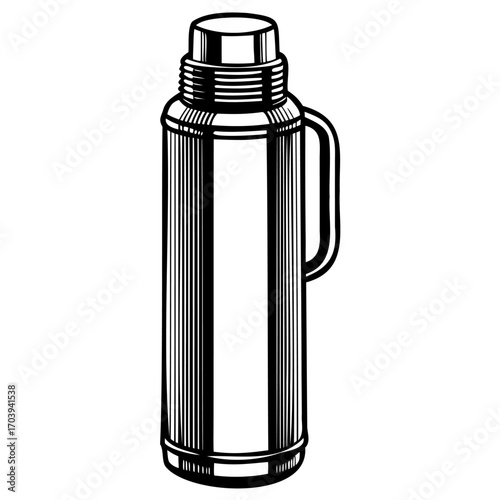 Illustration of a stainless steel thermos, perfect for keeping beverages hot or cold during outdoor adventures and picnics