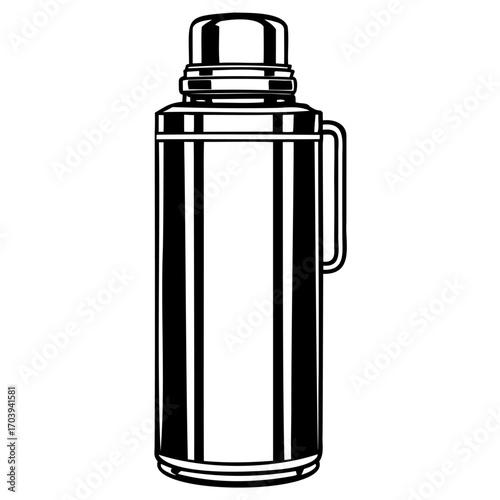 Shiny metal thermos, perfect for keeping drinks hot or cold, with a classic design and a convenient handle for easy carrying