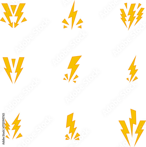 Lightning Yellow Icon Symbol . Thunderbolt shock icon collection . Yellow lightning burst, shouting. Energetic electric flashes for  power, speed, danger or action effects. Isolated vector icons set.