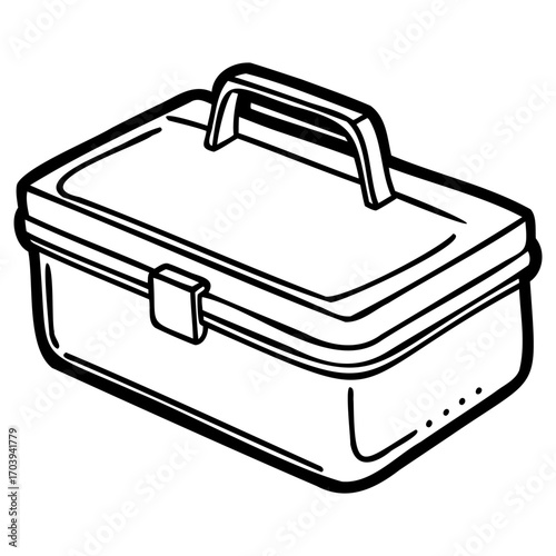 Illustration of a closed plastic toolbox, featuring a handle on top and a simple, clean design suitable for various applications