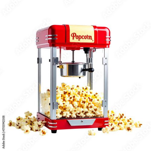 Retro popcorn machine with spilled popcorn on white background  