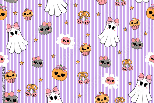 Spooky Ghost Coquette Girly Seamless Pattern Sweet and Spooky Halloween Doodle Repeat Background