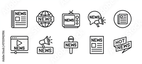 News icons set. Newspaper symbol - newsletter, paper, hot news, newsprint, announcement, social media, television, microphone, megaphone, journalism, live broadcast - vector illustration